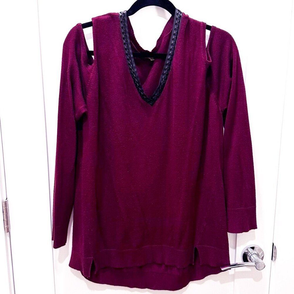 Cold Shoulder Burgundy Sweater with V Neck Black Leather Trim XL